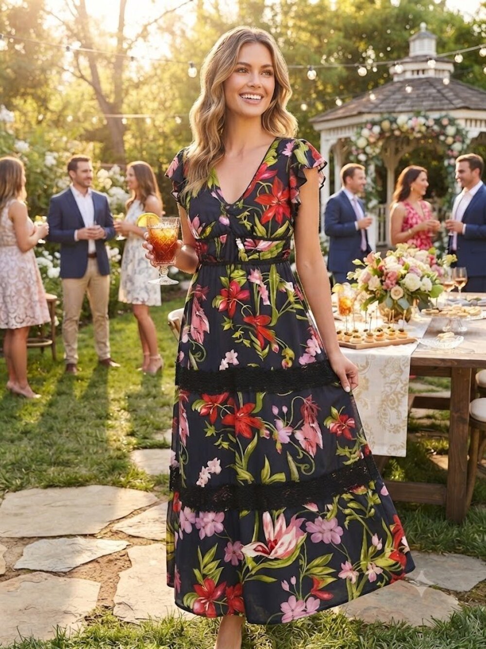 Venus Ruffle V-Neck Floral Tiered Maxi Dress Navy Pink Red